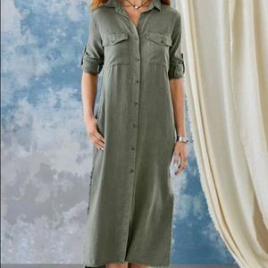 Button front, long shirt dress in Ivy color Tencel. Pockets & side slits.